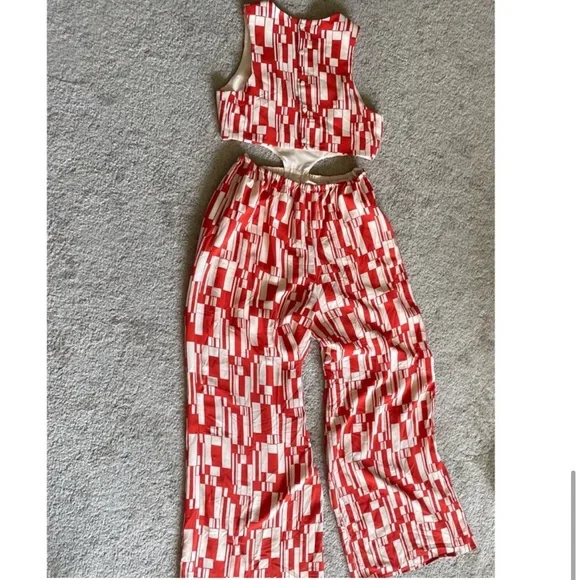 Anthropologie Corey Lynn Calter Cut Out Jumpsuit Red and White Abstract NWT L - Picture 2 of 7